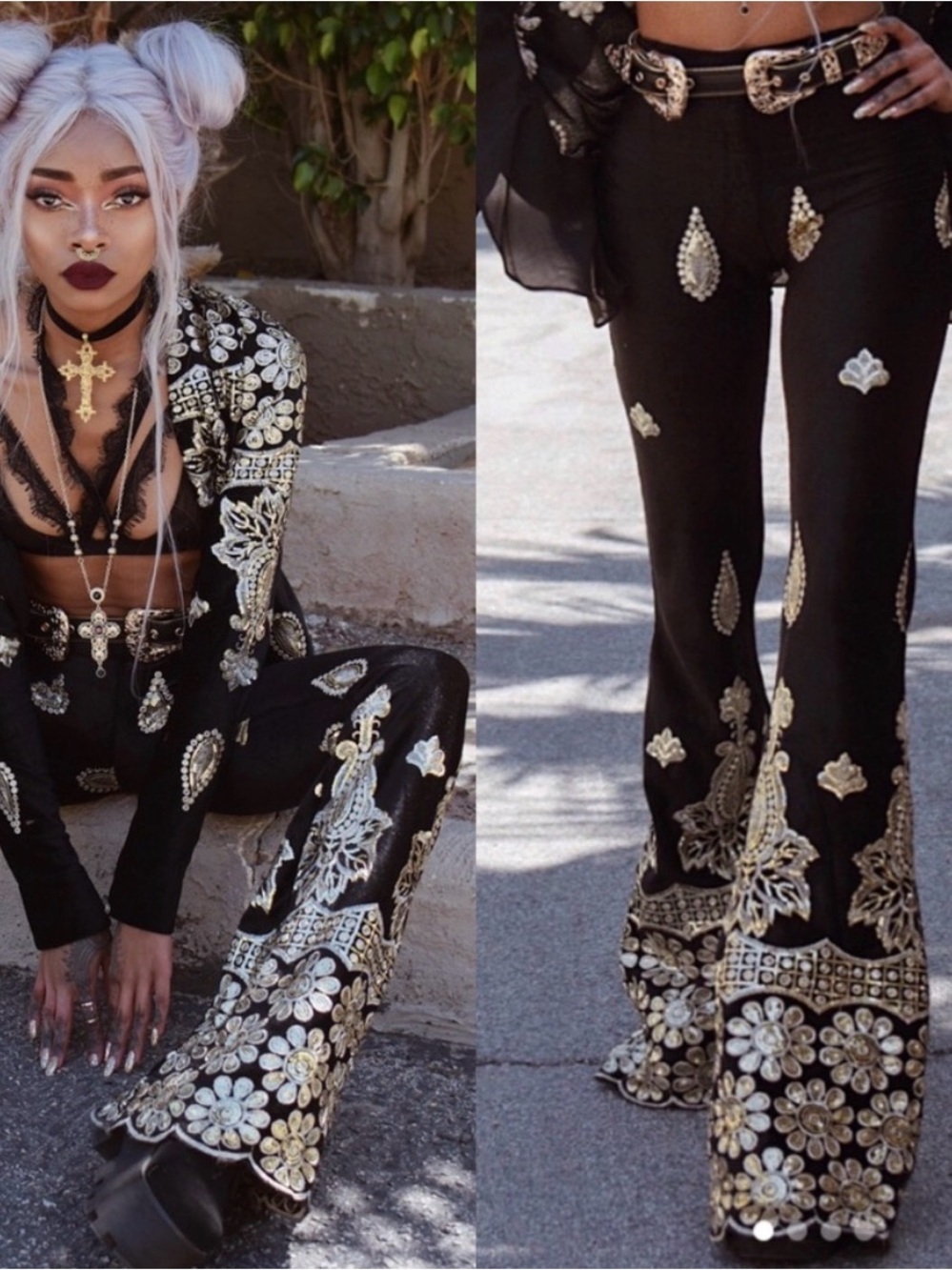 🖤 Missguided Black Kick Flare Velvet Embroidered Sequin Embellished Pants Sz 4